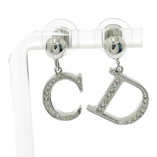 Dior Metal Rhinestone CD Logo Earrings Silver