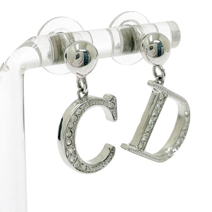 Dior Metal Rhinestone CD Logo Earrings Silver — view 2