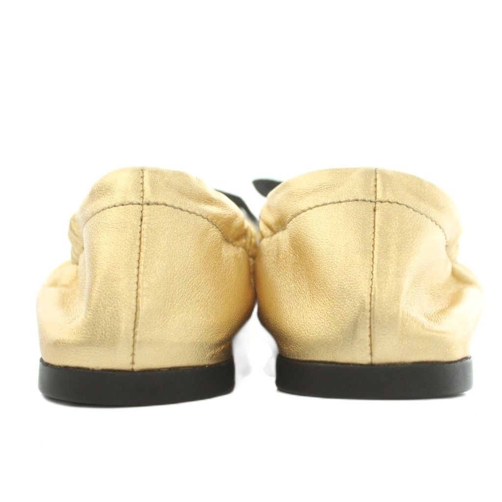 Prada Mordre Leather Flat Shoes Ballet Ribbon Round Toe Gold Color Black BB — view 3