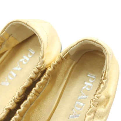 Prada Mordre Leather Flat Shoes Ballet Ribbon Round Toe Gold Color Black BB — view 5