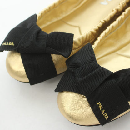Prada Mordre Leather Flat Shoes Ballet Ribbon Round Toe Gold Color Black BB — view 4