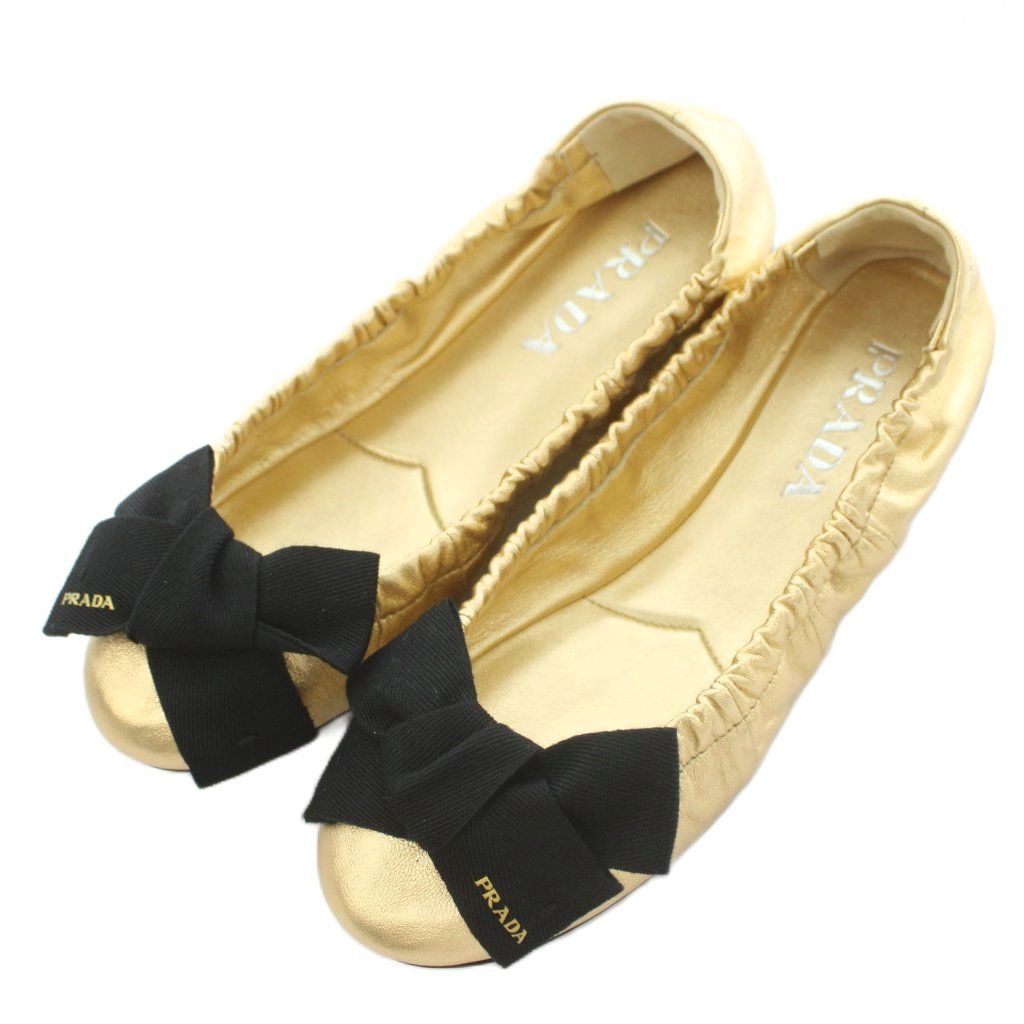 Prada Mordre Leather Flat Shoes Ballet Ribbon Round Toe Gold Color Black BB