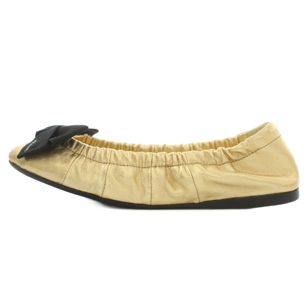 Prada Mordre Leather Flat Shoes Ballet Ribbon Round Toe Gold Color Black BB — view 2