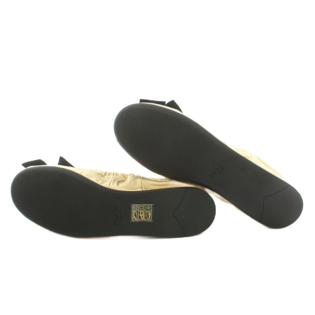 Prada Mordre Leather Flat Shoes Ballet Ribbon Round Toe Gold Color Black BB — view 6