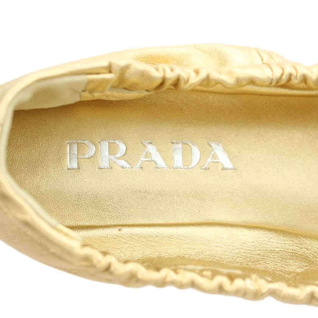 Prada Mordre Leather Flat Shoes Ballet Ribbon Round Toe Gold Color Black BB — view 7