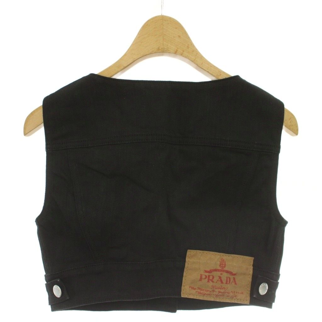 Prada Year Denim Cropped Vest V Neck Open Front Triangle Plate Logo Stretch — view 2