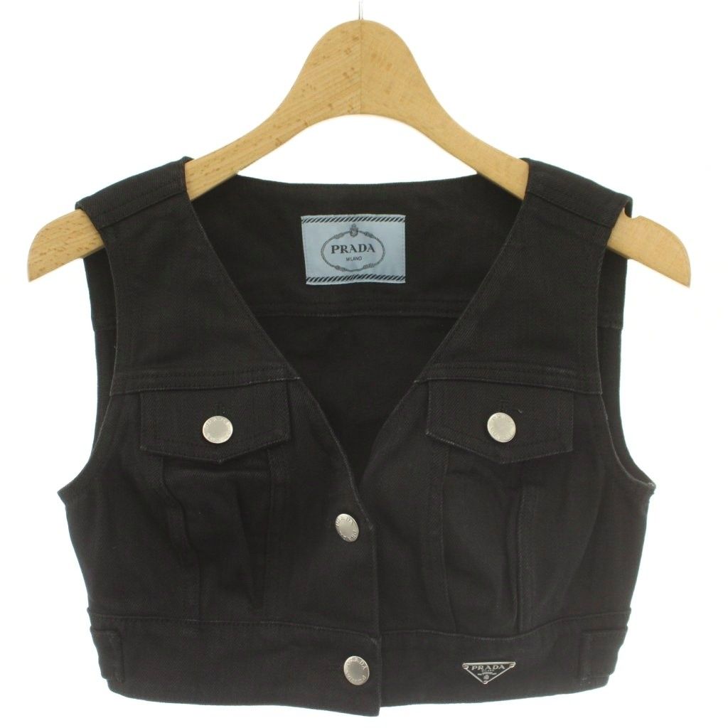 Prada Year Denim Cropped Vest V Neck Open Front Triangle Plate Logo Stretch