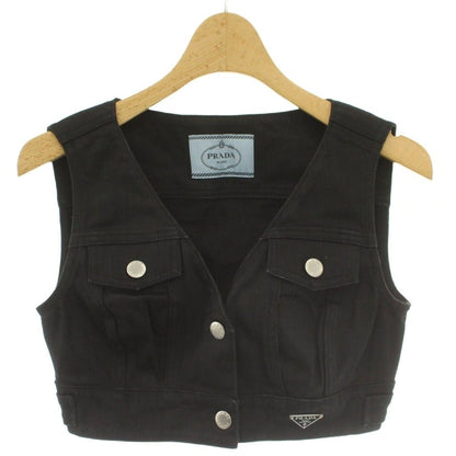 Prada Year Denim Cropped Vest V Neck Open Front Triangle Plate Logo Stretch