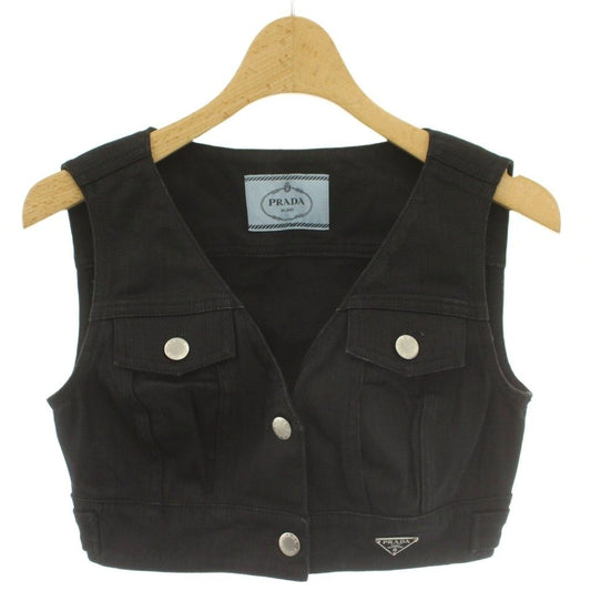 Prada Year Denim Cropped Vest V Neck Open Front Triangle Plate Logo Stretch