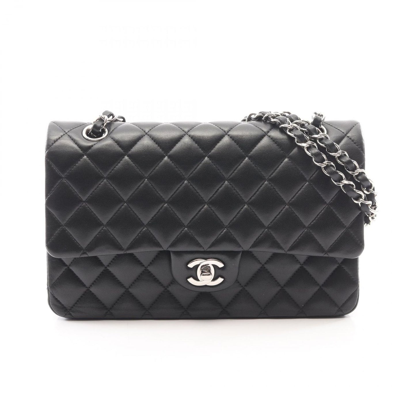 Chanel Shoulder Bag Quilted Double Flap Black Lambskin Chain