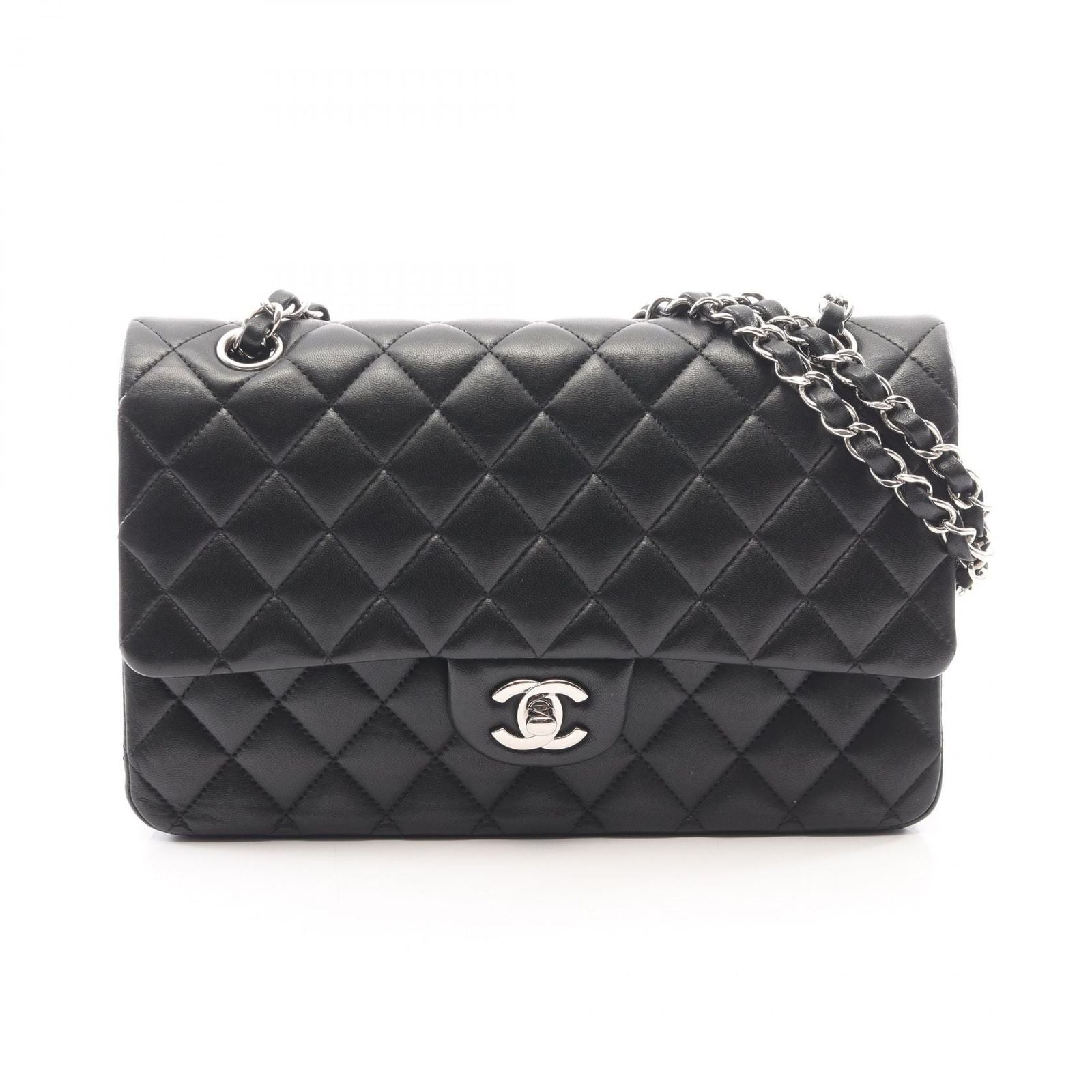 Chanel Shoulder Bag Quilted Double Flap Black Lambskin Chain