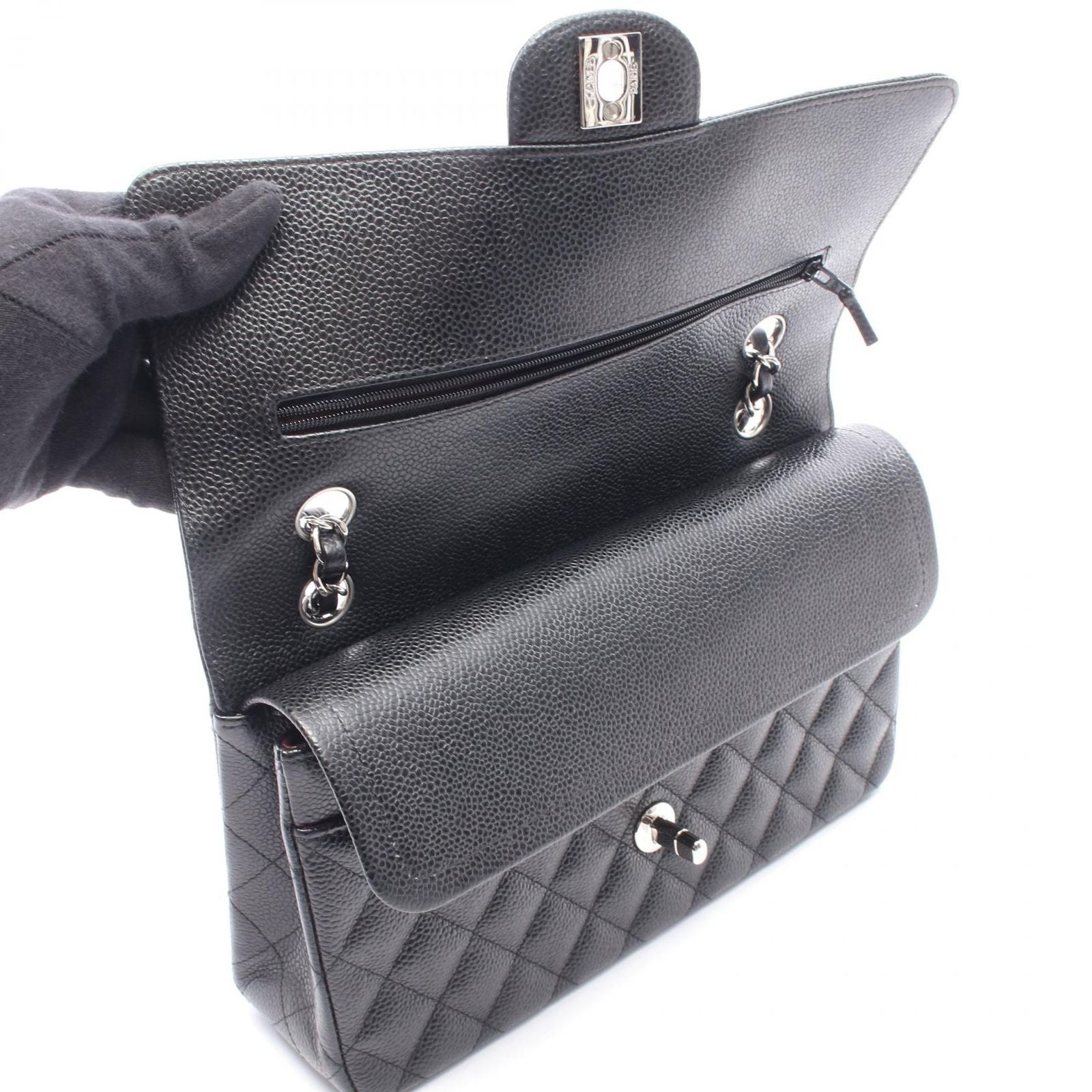 Chanel Shoulder Bag Quilted Double Flap Black Caviar Leather Chain — view 8