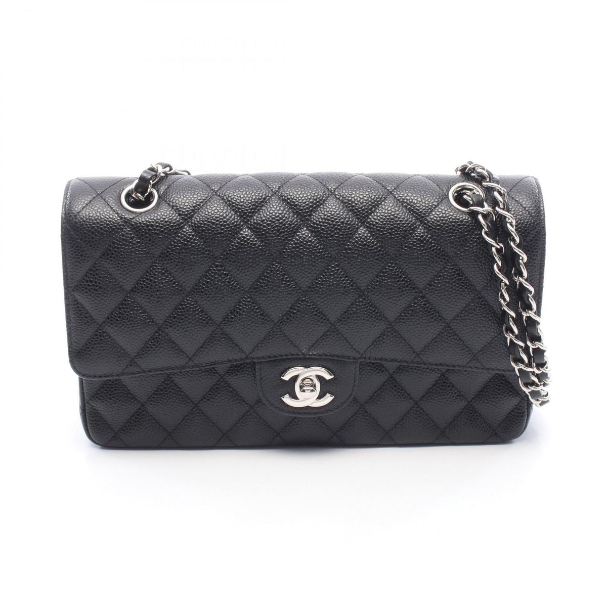 Chanel Shoulder Bag Quilted Double Flap Black Caviar Leather Chain
