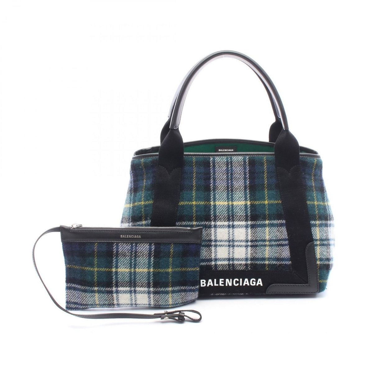 Balenciaga Tote Bag Navy Cabas S Check Black Plaid Wool Leather