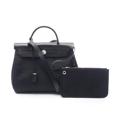 Hermes Herbag Zip PM Letourne 2-Way Black Canvas Leather Alebag Handbag