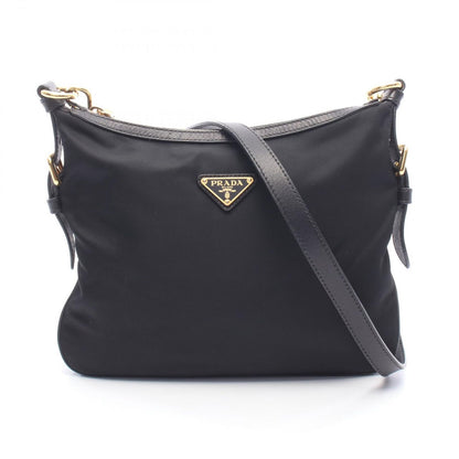 Prada Shoulder Bag Tessuto Saffian Black Nylon Leather Triangle Logo