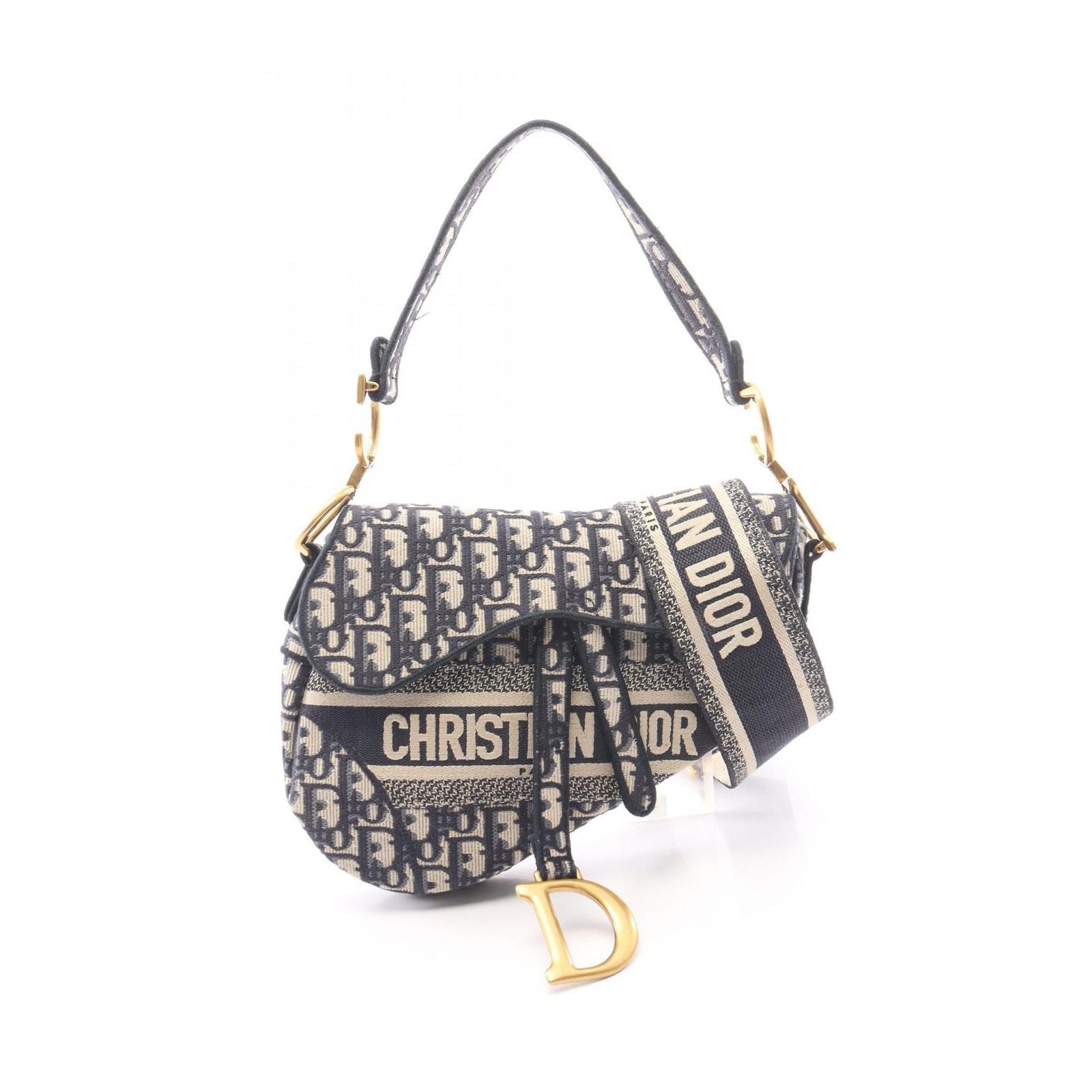 Dior Handbag Saddle Bag 2-Way Navy Ivory Canvas Oblique