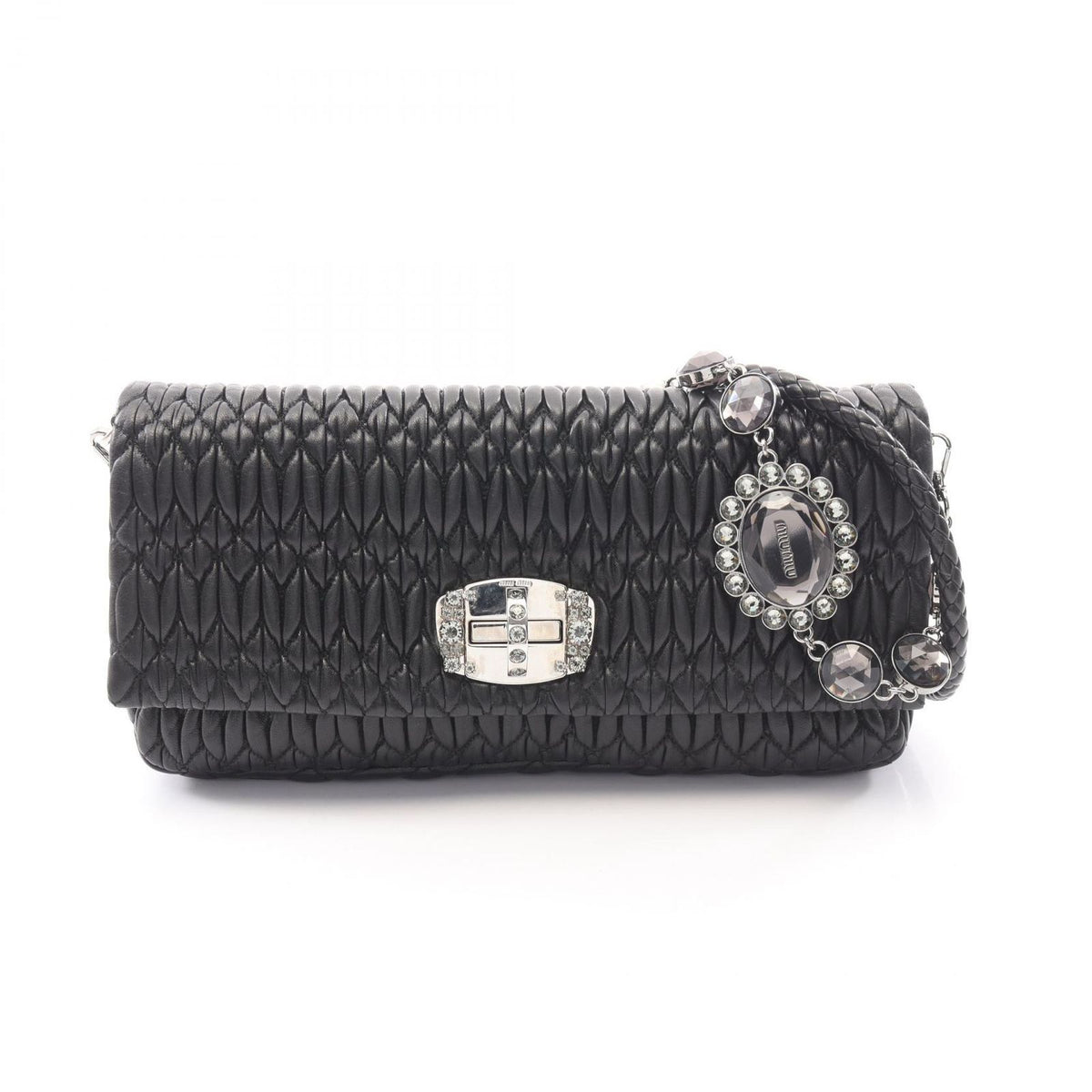 Miu Miu Shoulder Bag Nappa Crystal Matelasse 2-Way Black Leather