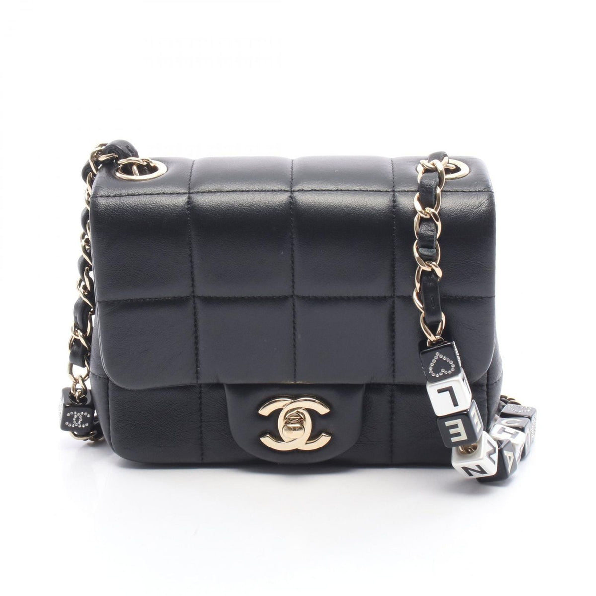 Chanel Shoulder Bag Choco Bar Mini Flap Black Leather Mini Chain