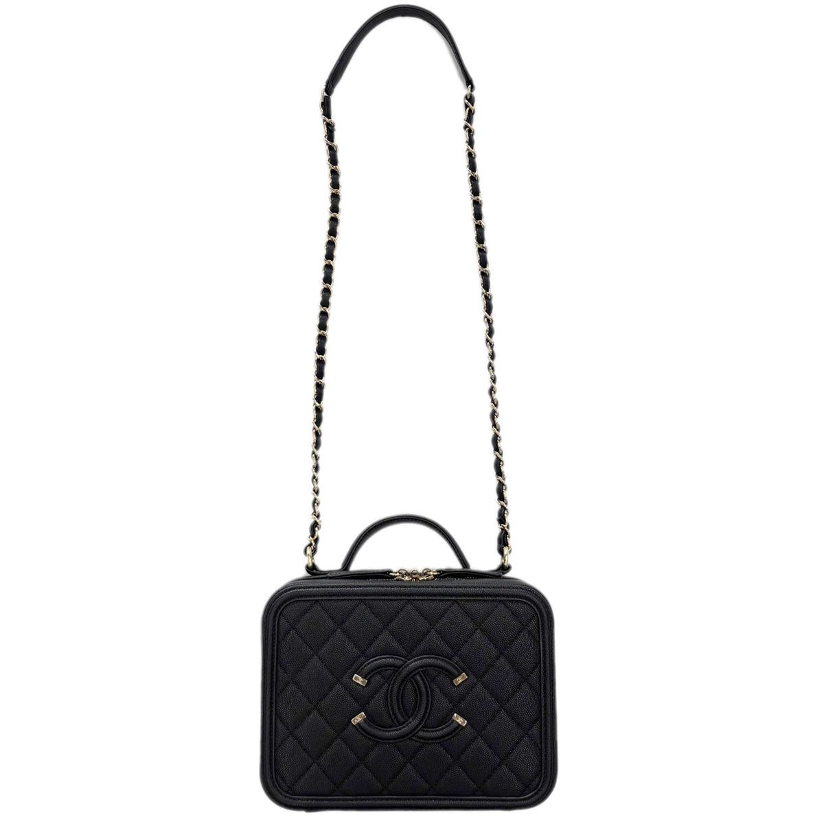 Chanel Bag CC Filigree Vanity Case 2-Way Chain Shoulder Black Champagne Gold — view 2