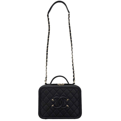 Chanel Bag CC Filigree Vanity Case 2-Way Chain Shoulder Black Champagne Gold — view 2