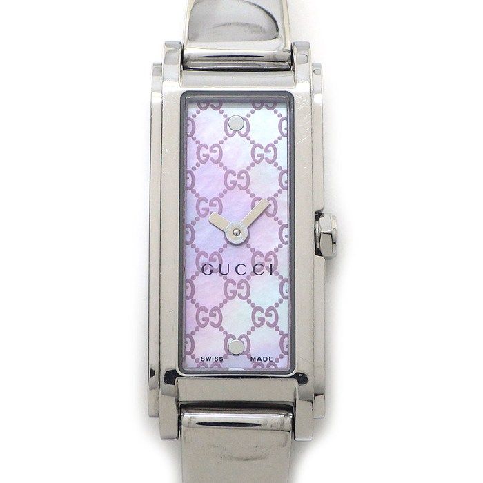 Gucci Watch Bracelet 109 Bangle Horsebit Rectangular GG Logo Pink Shell Dial SS