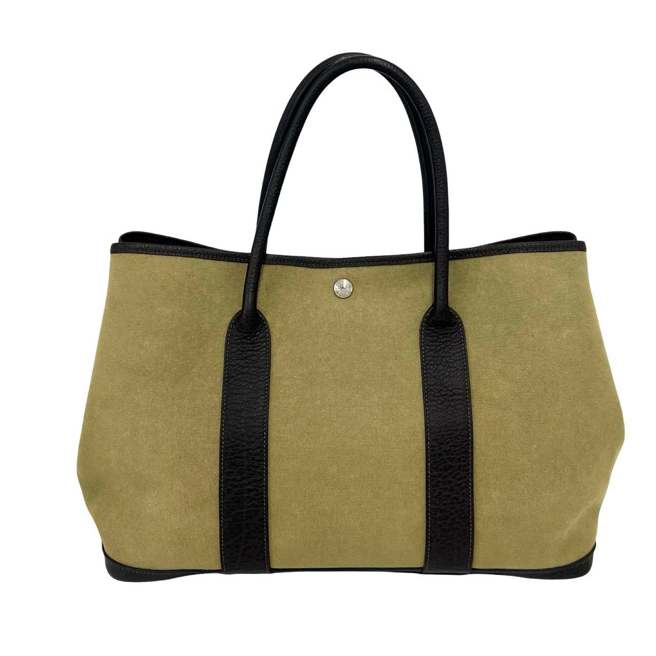 Hermes Garden Party PM Toile Officier Buffalo Leather Tote Handbag Khaki Brown — view 3