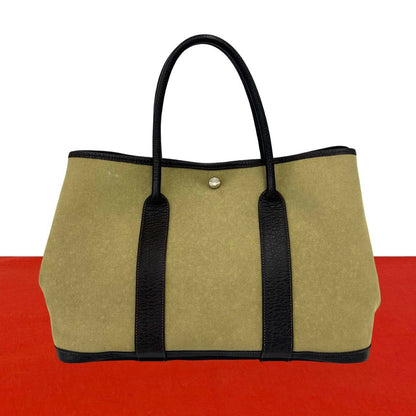 Hermes Garden Party PM Toile Officier Buffalo Leather Tote Handbag Khaki Brown