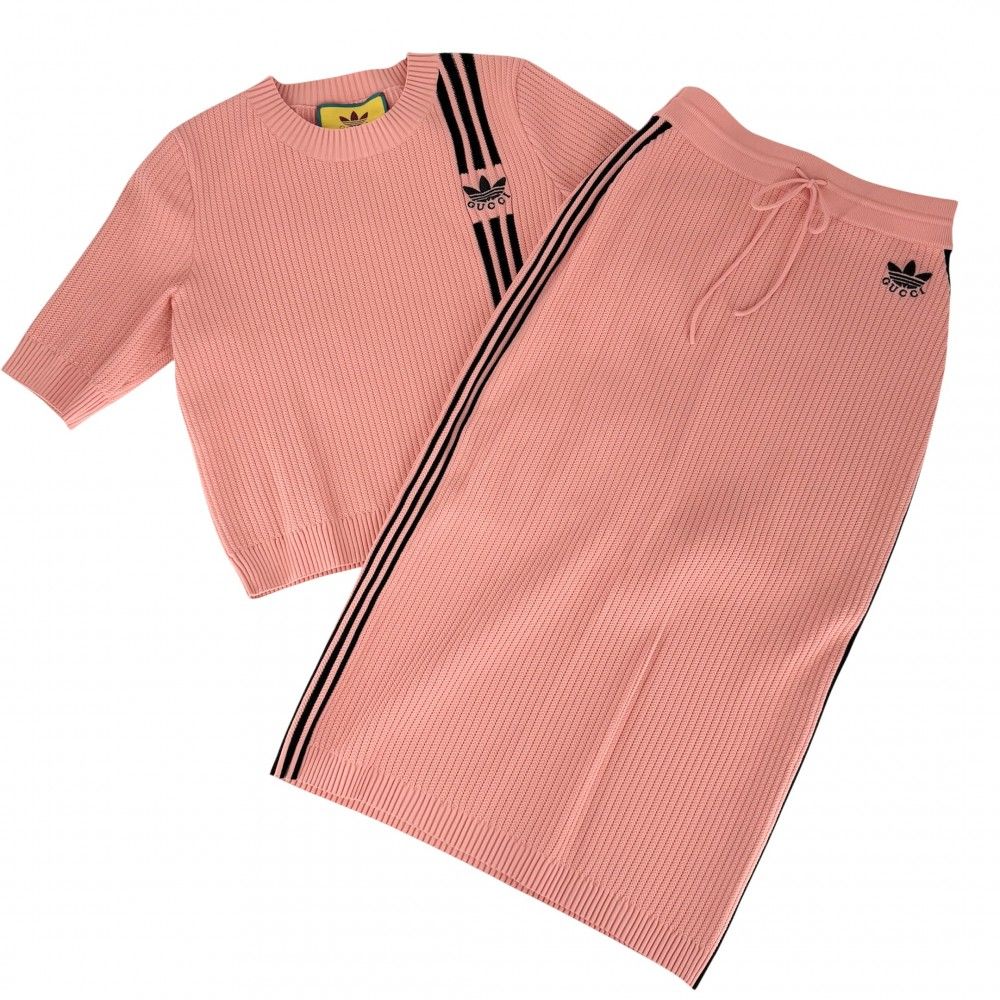 Gucci Set Adidas Collaboration Short Sleeve Knit Long Skirt M Pink
