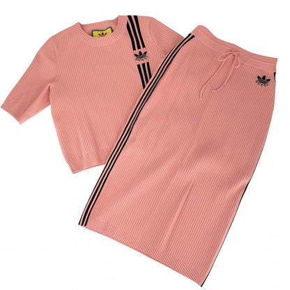 Gucci Set Adidas Collaboration Short Sleeve Knit Long Skirt M Pink