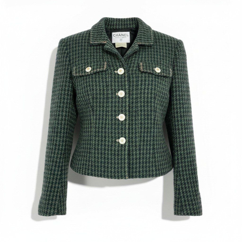 Chanel Collection CC Logo Button Tweed Short Jacket 40 Dark Green