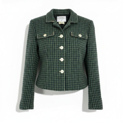 Chanel Collection CC Logo Button Tweed Short Jacket 40 Dark Green