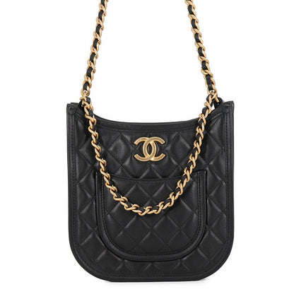 Chanel Chain Shoulder Bag Quilted CC Logo Hobo Lambskin 2-Way Black