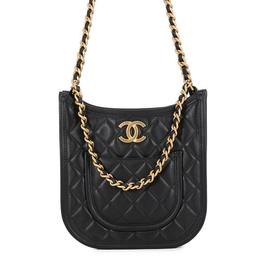 Chanel Chain Shoulder Bag Quilted CC Logo Hobo Lambskin 2-Way Black