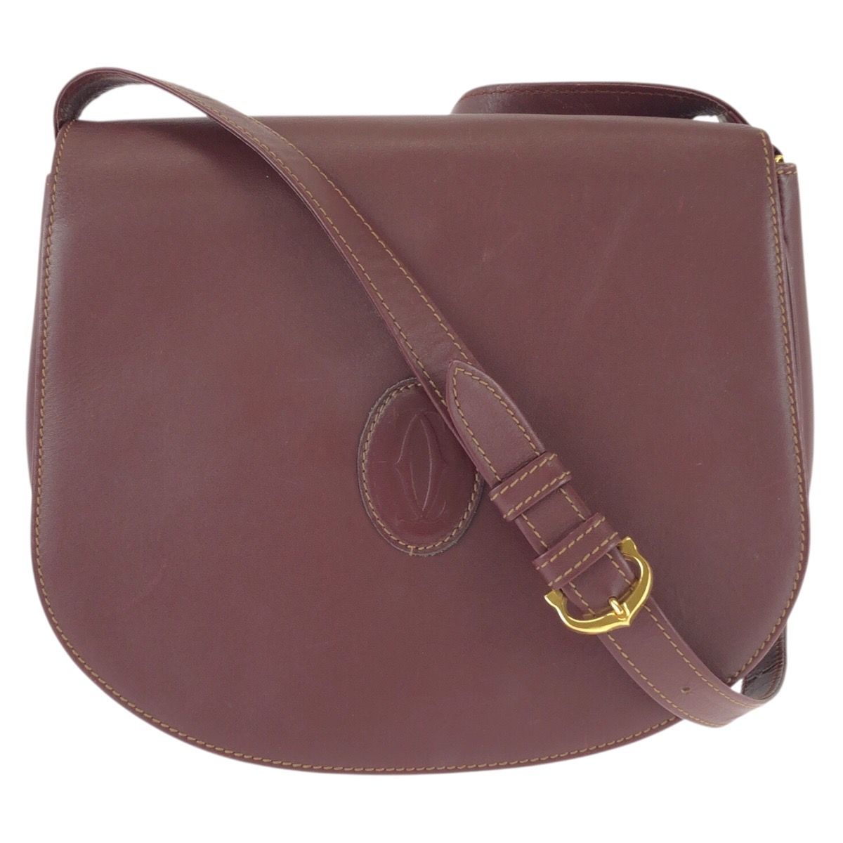 Cartier Vintage Must Line Wine Red Bordeaux Gold Leather Shoulder Bag