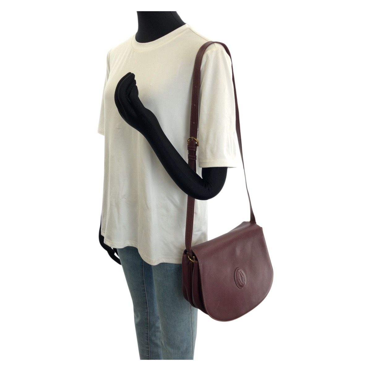 Cartier Vintage Must Line Wine Red Bordeaux Gold Leather Shoulder Bag — view 7