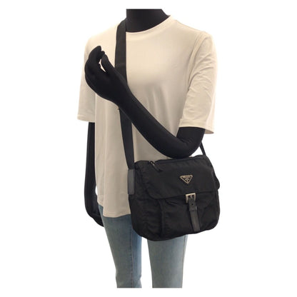 Prada Tessuto Black Silver Nylon Leather Shoulder Bag — view 7