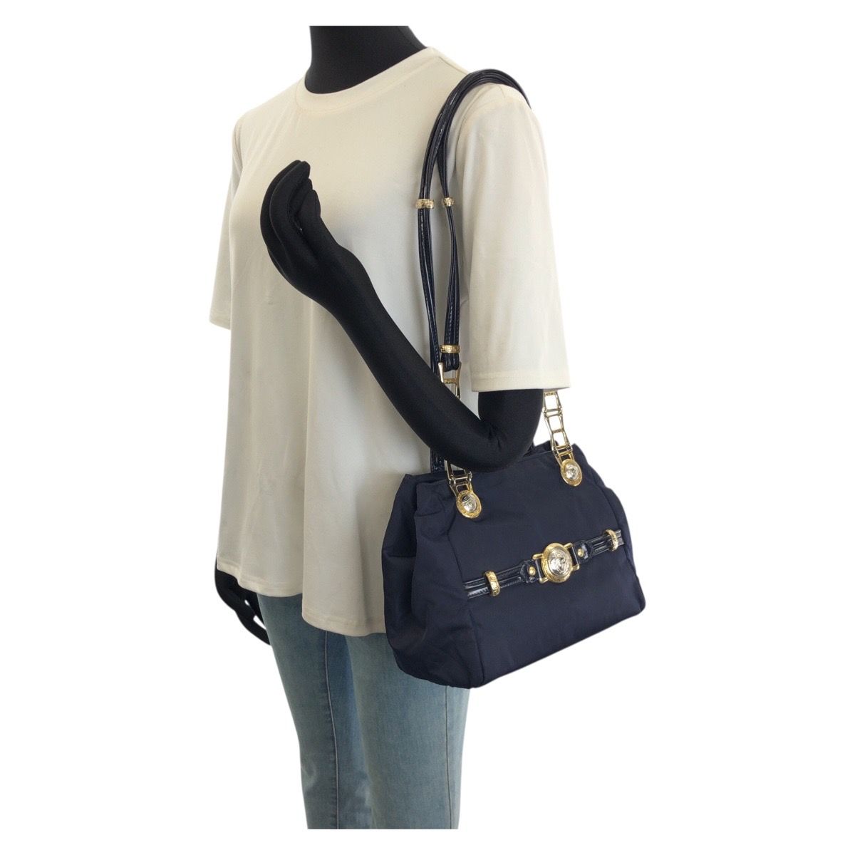 Versace Vintage Medusa Navy Gold Nylon Patent Shoulder Bag — view 7