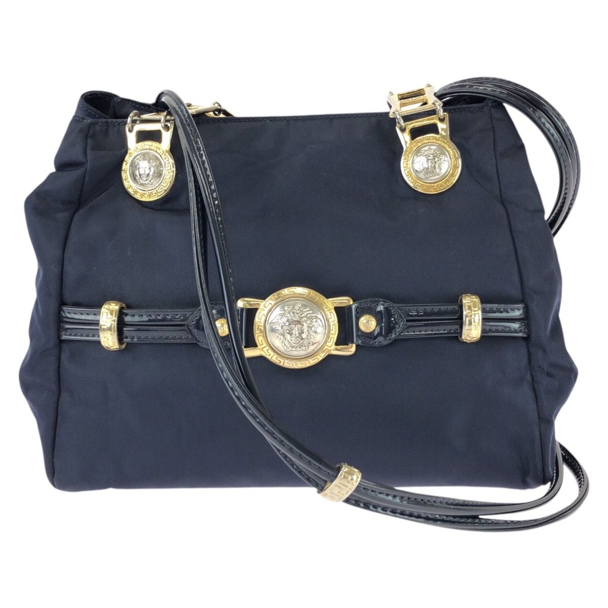 Versace Vintage Medusa Navy Gold Nylon Patent Shoulder Bag
