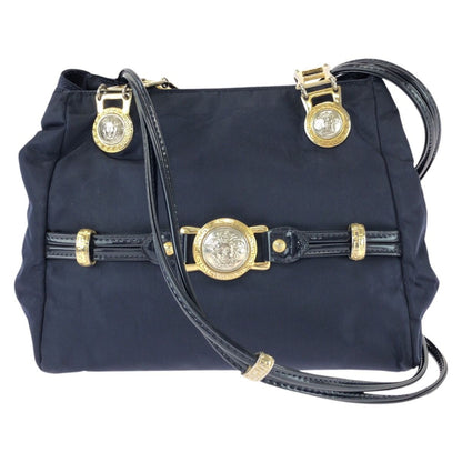 Versace Vintage Medusa Navy Gold Nylon Patent Shoulder Bag