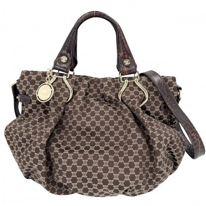 Celine 2-Way Macadam Handbag Shoulder Bag Canvas Leather Brown Gold Vintage