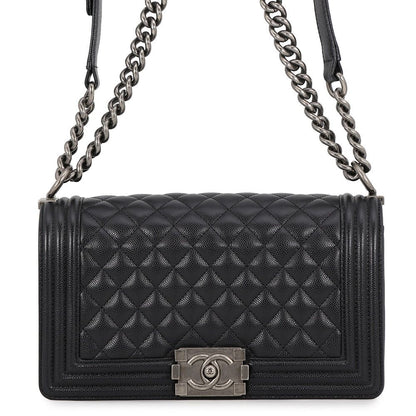 Chanel Chain Shoulder Bag Quilted CC Logo Boy 25 Caviar Leather Black