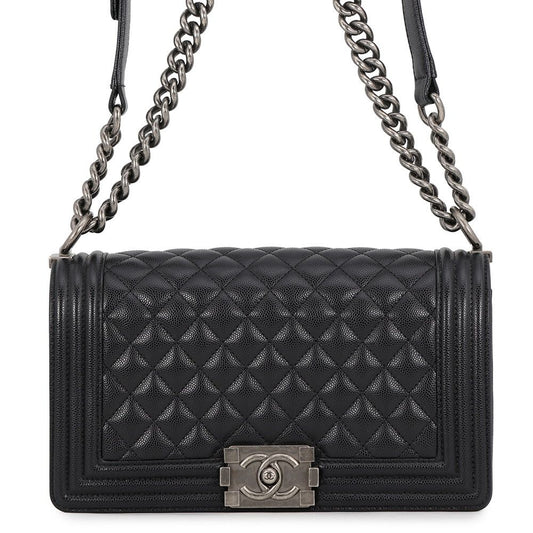 Chanel Chain Shoulder Bag Quilted CC Logo Boy 25 Caviar Leather Black