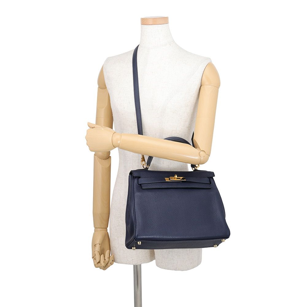 Hermes Kelly 28 Retourne Blue Nuit Gold Taurillon Clemence 2-Way Handbag — view 5