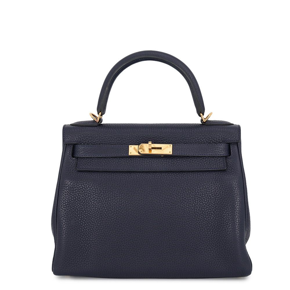 Hermes Kelly 28 Retourne Blue Nuit Gold Taurillon Clemence 2-Way Handbag