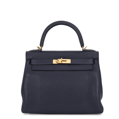 Hermes Kelly 28 Retourne Blue Nuit Gold Taurillon Clemence 2-Way Handbag