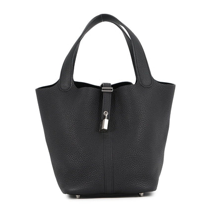 Hermes Picotin Lock MM Black Silver Taurillon Clemence Handbag