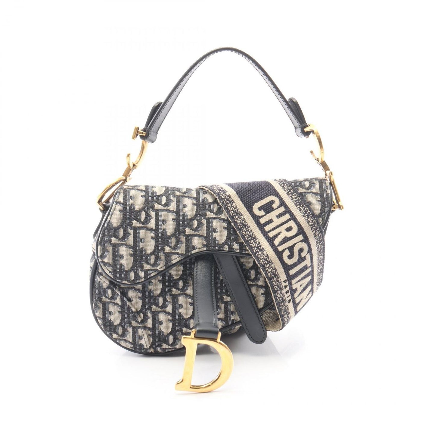 Dior Handbag Saddle Bag Mini Oblique Jacquard 2-Way Ivory Navy Canvas Leather