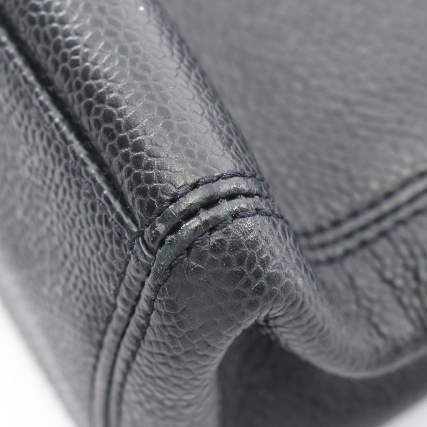 Chanel Logo Embroidery Navy Caviar Leather Chain Tote Bag — view 7