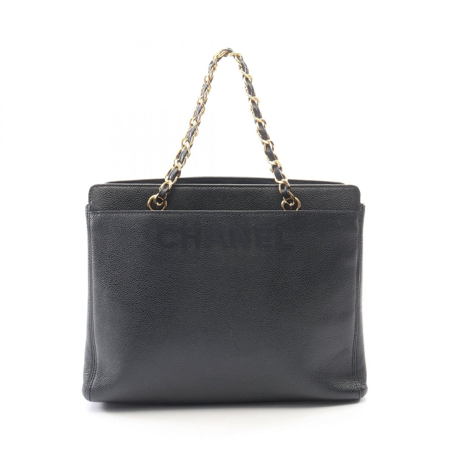 Chanel Logo Embroidery Navy Caviar Leather Chain Tote Bag